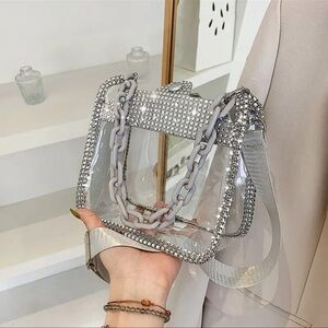 Handbag, NEW, Clear w/Rhinestones, Square Shoulder Bag, Silver Color